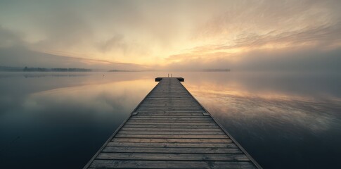 A long wooden jetty leads into the sunrise over a calm lake with misty morning light