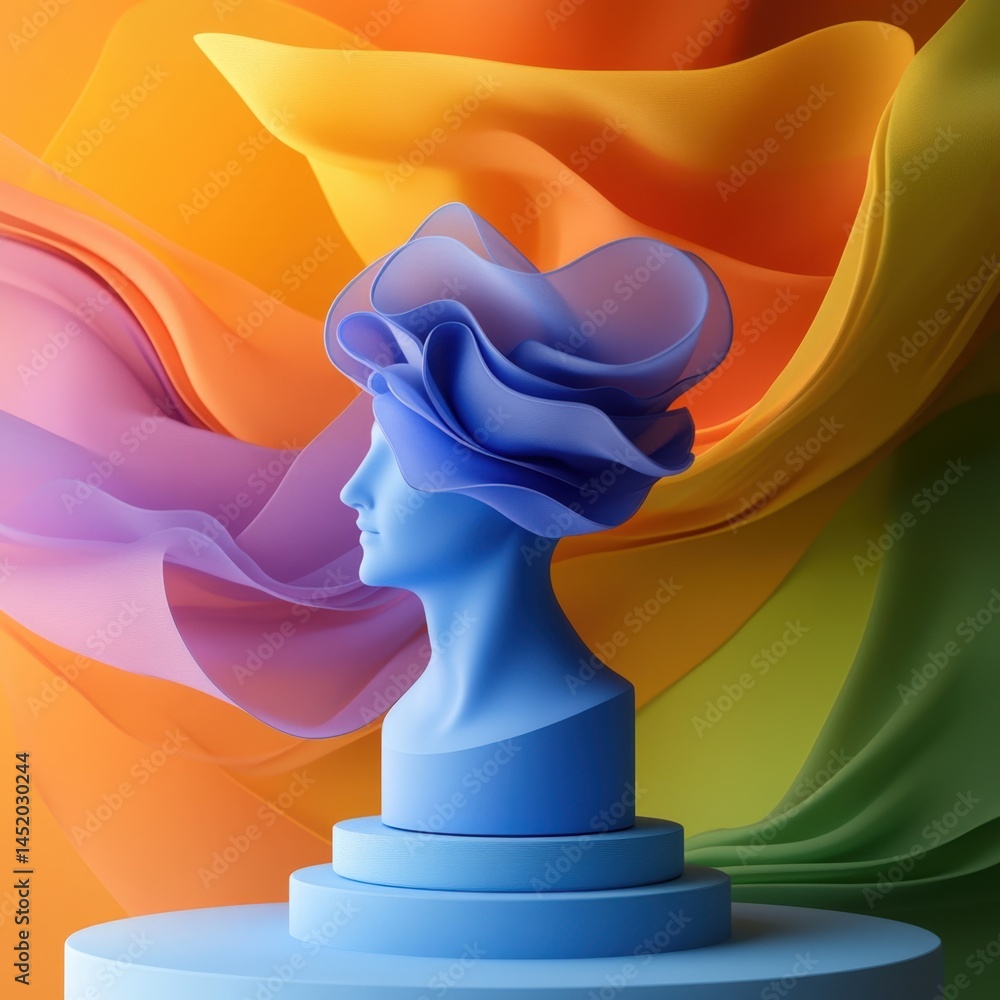 Poster abstract statue with colorful flowing background