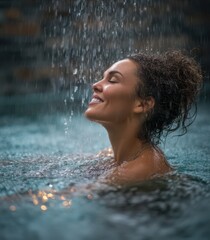 Fototapeta premium A woman relaxing in a spa pool, with water pouring from above