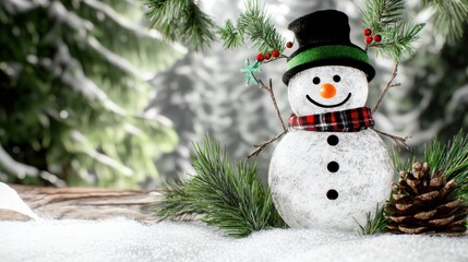 Snowman in a Winter Wonderland Surrounded by Pine Trees and Snow