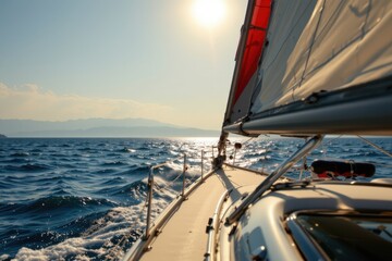 Fototapeta premium close up of a sailboat's sails catching the easterly winds as it glides across a calm sea
