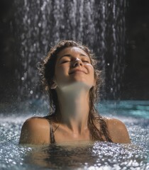 Fototapeta premium A woman relaxing in a spa pool, with water pouring from above
