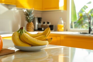Bright Kitchen Interior with Fresh Bananas on Countertop Display