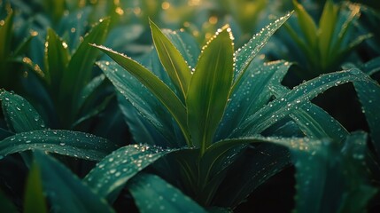Lush green leaves, morning dew