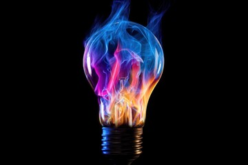 Colorful light bulb with colorful flames on black background