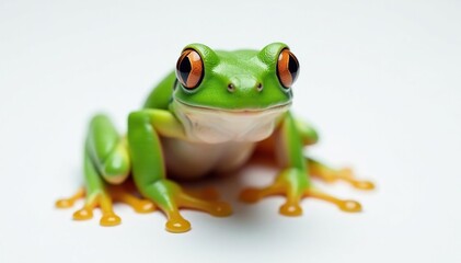 Fototapeta premium Green tree frog perched on white, vibrant skin, anuran, colorful