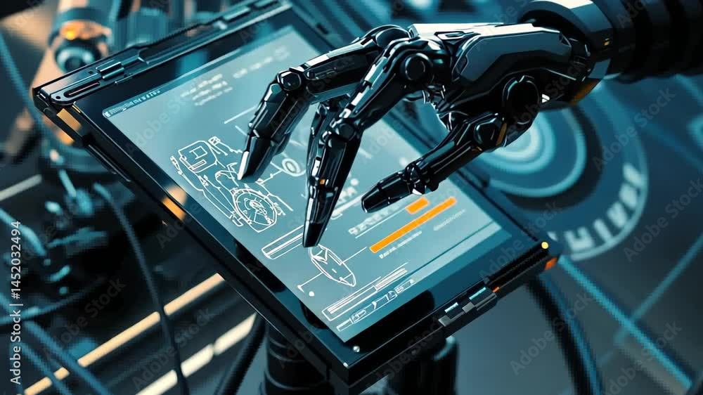 Poster exploring futuristic technology with a robotic hand and advanced touchscreen interface in a high-tec