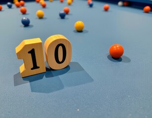 a number 10 is on a blue table with balls and a number 10 on it.