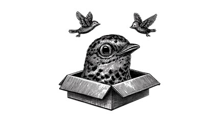 Curious Bird in a Box Monochrome Illustration.
