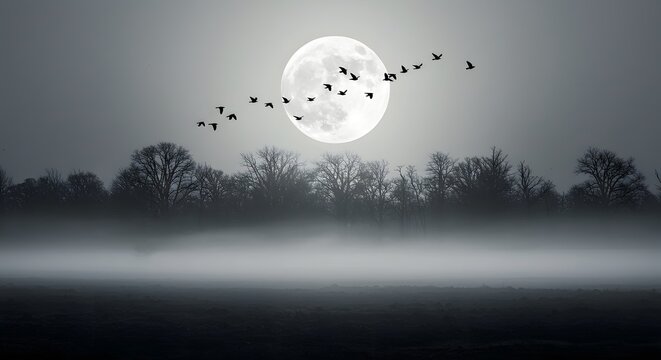 Serene Night Scene Birds Flying Moonlit Foggy Trees Landscape