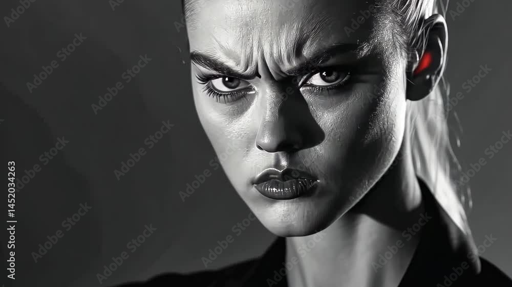 Poster Capturing fierce emotions in a dramatic black and white setting featuring an intense expression and striking features Generative AI