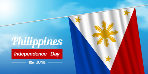 June 12th Is Philippines Independence Day. Philippines flag, sun and cloud. Suitable for posters, banners, social media and more. Blue sky background.