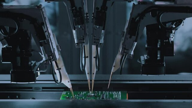 Close-up: installing electronic components. Printed circuit board moves with SMD, PCB. Automatic welding, solder machine. Production Devices. Diagnose test chips and processors. Manufacture or factory