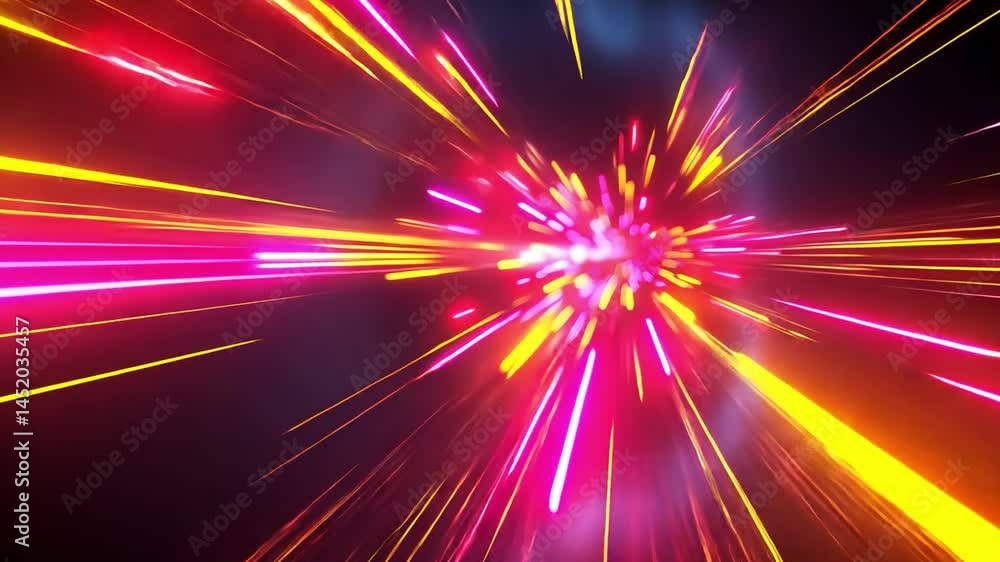 Poster colorful light streaks burst in dynamic visual effect energetic display of pink and yellow rays crea