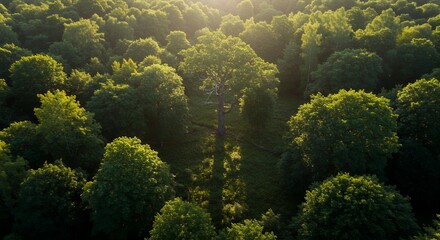 Aerial View of Sunlit Lush Forest Canopy