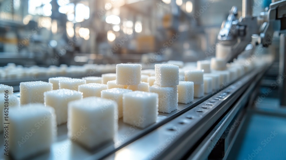 Poster Workers manage the sugar cube production line at a manufacturing facility during daylight hours. Machines operate efficiently, ensuring a steady output of neatly shaped sugar cubes