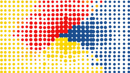 Abstract dot pattern featuring red, yellow, and blue circles arranged in a vibrant design on a white background. Dynamic and colorful.