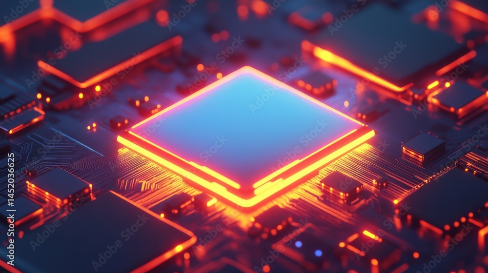 Poster close-up view of a glowing microchip on a circuit board with vibrant neon lights
