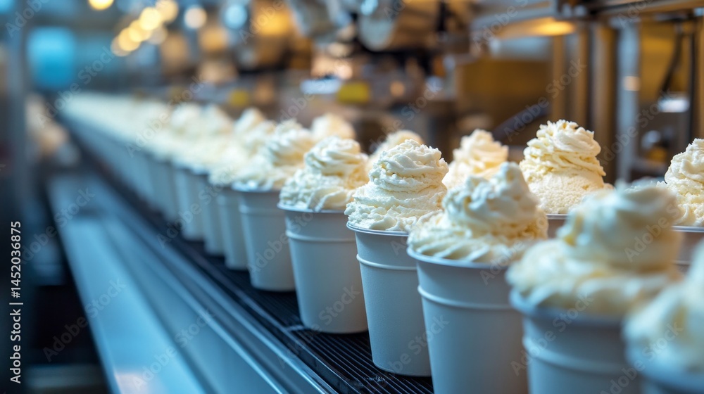 Poster an advanced ice cream factory operates with automated machinery, smoothly dispensing fluffy whipped 