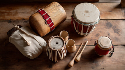  A cultural flat lay of traditional Bihu instruments including the Dhol, Pepa, and Taal, ideal for educational visuals.
