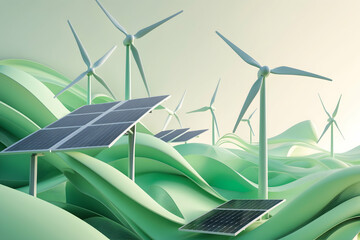 Renewable energy landscape with solar panels and wind turbines on green terrain