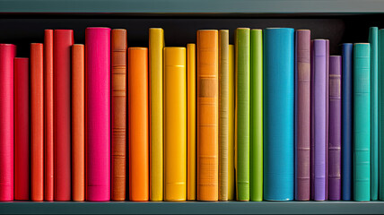 Rainbow-colored books are arranged on a shelf, creating a vibrant and organized display of literature and a celebration of color.