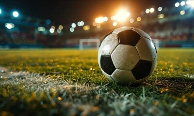 Realistic cinematic video of a soccer ball resting on grass at night in a brightly lit stadium. Ideal for sports promos, match intros, football content and advertising. Features dramatic lighting,  - Powered by Adobe