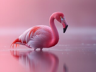 Fototapeta premium A graceful flamingo standing in shallow water its reflection shimmering in soft pink hues