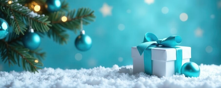 Azure background, white gift, cyan bow, blue baubles, winter tree, snow , ribbon, celebration