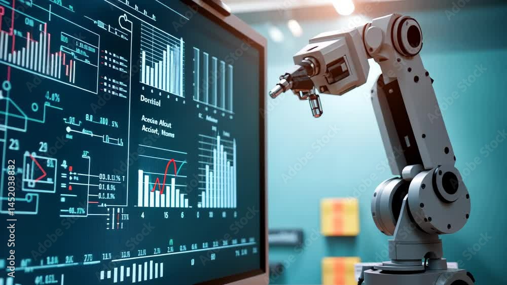 Poster innovative robotic arm analyzes data trends in a modern workspace with dynamic visuals and technolog