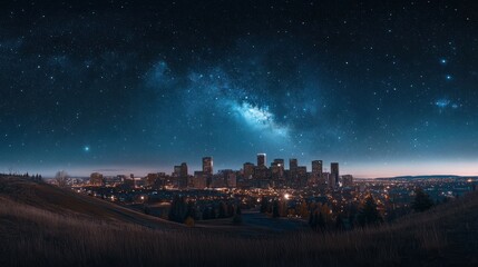 City skyline under a starry sky and milky way at night, a unique vista.