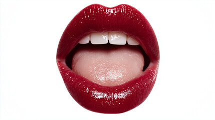 Glossy Red Lips with Tongue Out on White Background