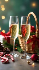 Festive champagne flutes, Christmas basket, gifts, candy canes, pine cones & garlands , pine cones, champagne