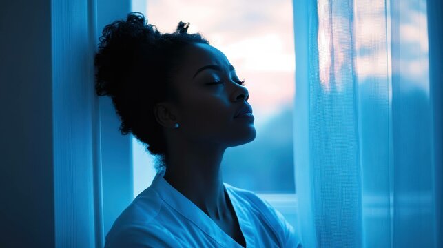 A serene woman in blue light, lost in peaceful introspection by the window.