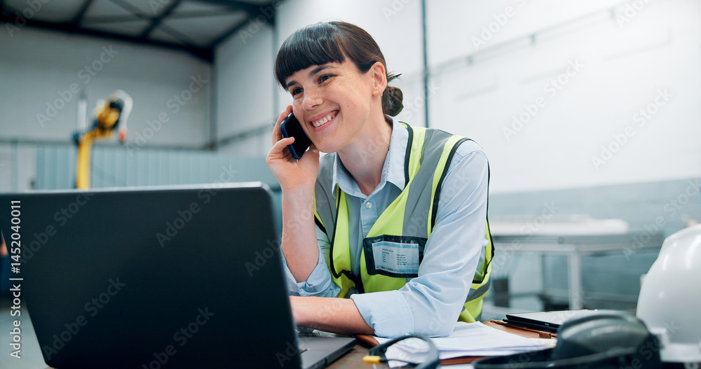 Poster woman, laptop and phone call in robotics factory for manufacturing schedule, good news and project m