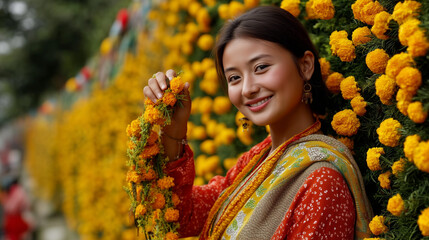 Portrait of an Assamese woman holding a gamocha flower garland during Bihu festival celebrations.
