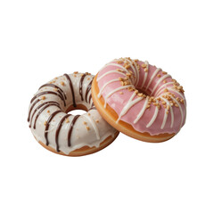 Two delicious donuts with pink and white icing and crunchy topping, perfect for sweet and joyful treat