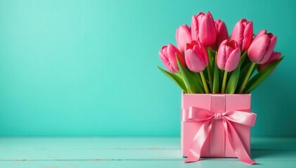 Obraz premium Pink tulips in gift box on wood, turquoise backdrop, advertising, romance