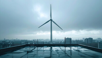 Pixelated Wind Turbine On Wet Rooftop Cityscape