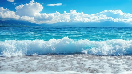 Obraz premium A serene seascape with turquoise water, white waves, and a sandy shore.