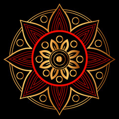 Elegant Gold and Red Mandala Design on Black Background