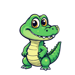 Obraz premium Cute green crocodile with big eyes and friendly smile standing confidently with hands on hips