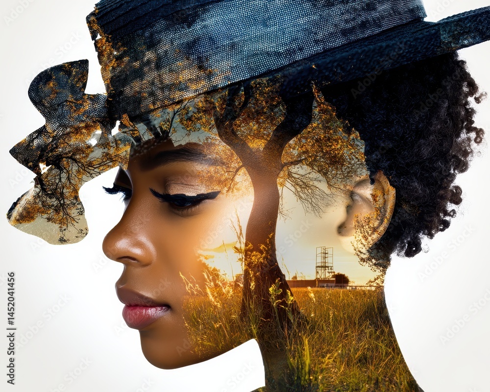 Poster double exposure portrait of an engineer with nature elements representing a solar-powered future and