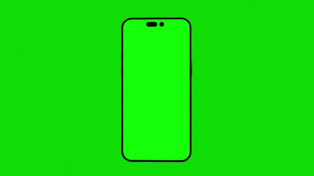 full rotation of iphone smartphone with a green screen on a chroma key background, motion graphics video template mobile realistic 3d render front view