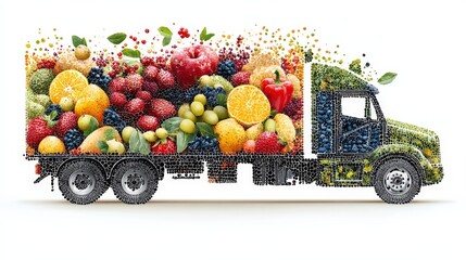 Colorful truck filled with fresh fruits and vegetables driving through a vibrant landscape