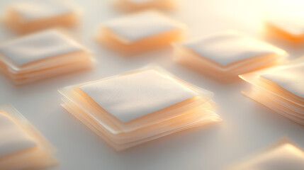 A set of neatly stacked, clean medical gauze pads with elegant labels, arranged in a grid pattern, with soft light creating a glow on the sterile surface.