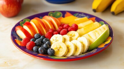 A colorful plate of sliced fruit: apples, bananas, berries, and mango.