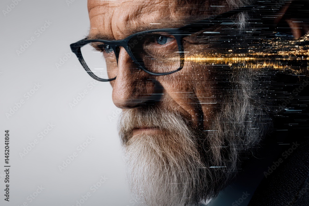 Poster portrait of an engineer with a double exposure effect, illustrating a vision of the future with sola