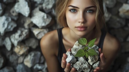 A woman holds a small plant growing from stones, symbolizing hope and resilience.