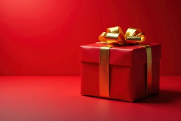 Obraz premium Unwrapped red present, golden bow, glowing interior Red backdrop, copy space , background, festive, xmas